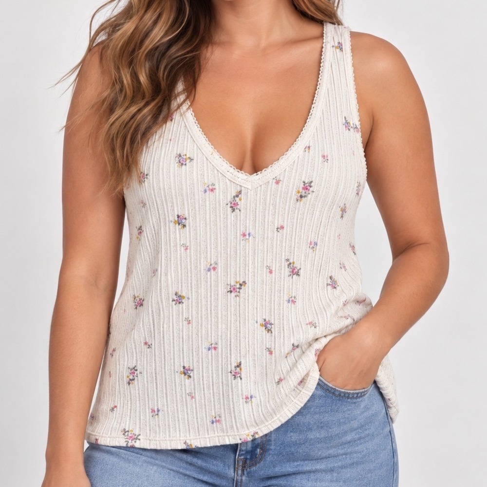 Universal Thread Large Ivory Floral Ribbed Tank Top Ditsy Cottagecore Cotton